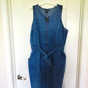 New Women's Plus Size Denim Belted Stretch Sleeveless Zip Front Dress NWT